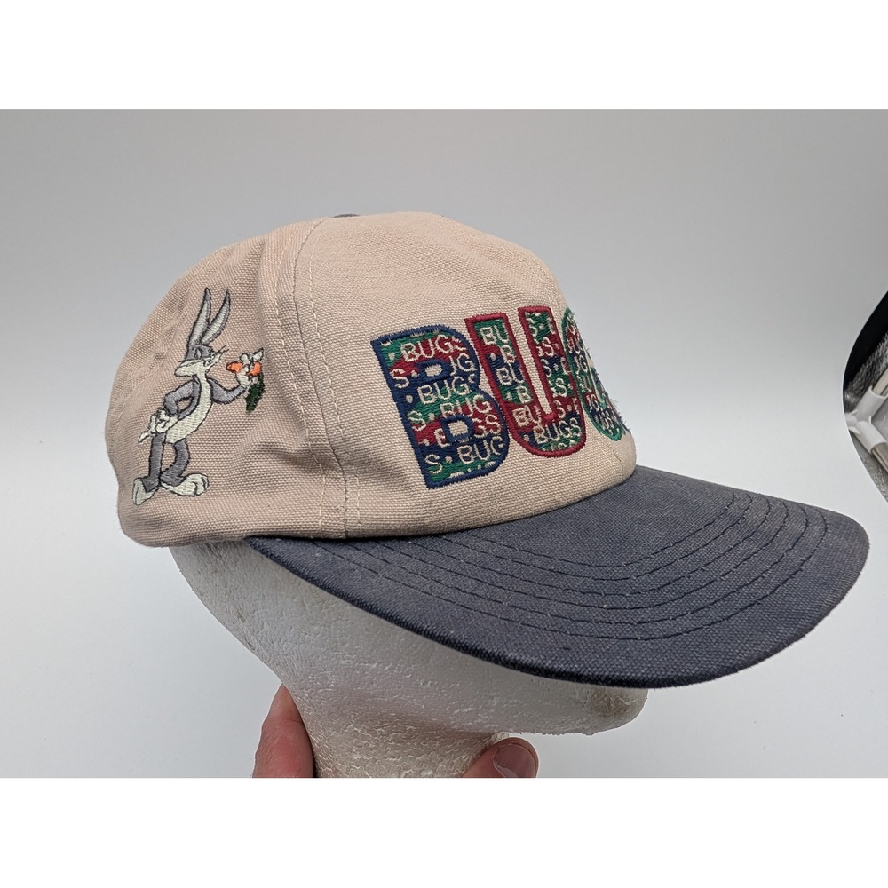 Vintage Bugs Bunny Looney Tunes Snapback Hat Tan Navy Blue Made in USA